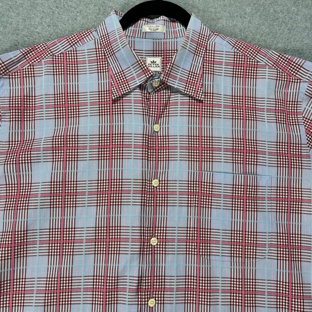 Peter Millar Button Down Shirt Mens XL Blue Magenta Plaid Preppy Classic